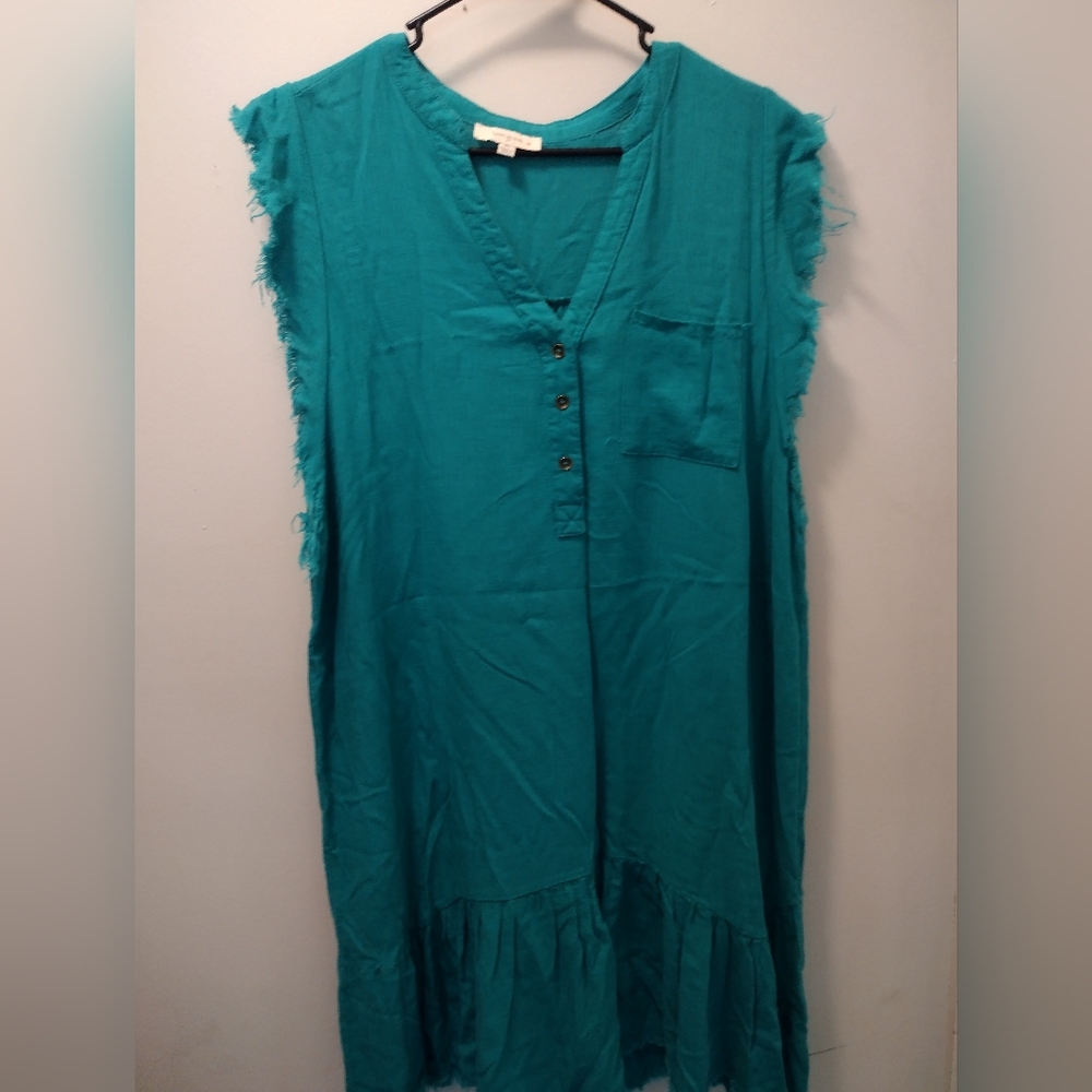 Umgee Teal Sleeveless Frayed Hem Dress